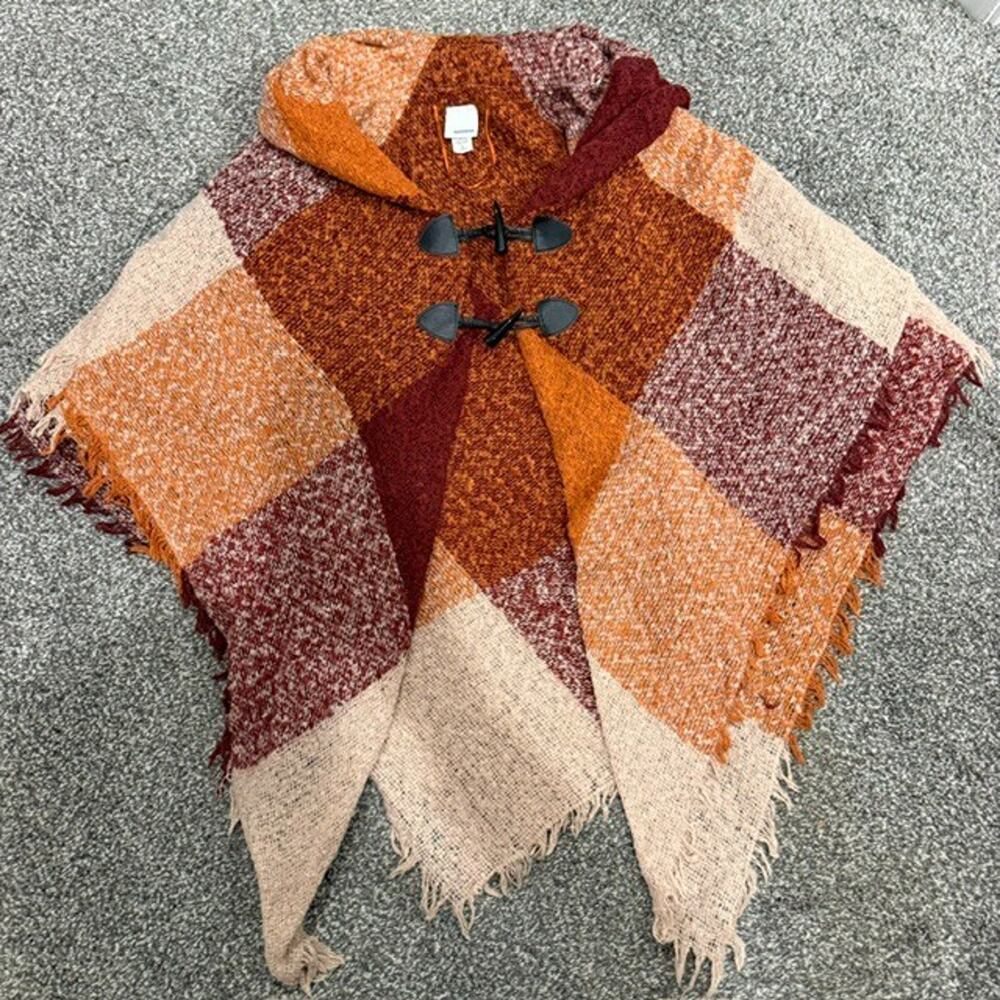 Sonoma One Size Plaid Autumn Poncho Cape Orange Shawl Fringe Toggle Fall Boho